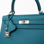 Hermes Handbag Blue Kelly Sellier 25 Vert Bosphore Veau Epsom Palladium Plated Hardware D Stamp -Knockoff
