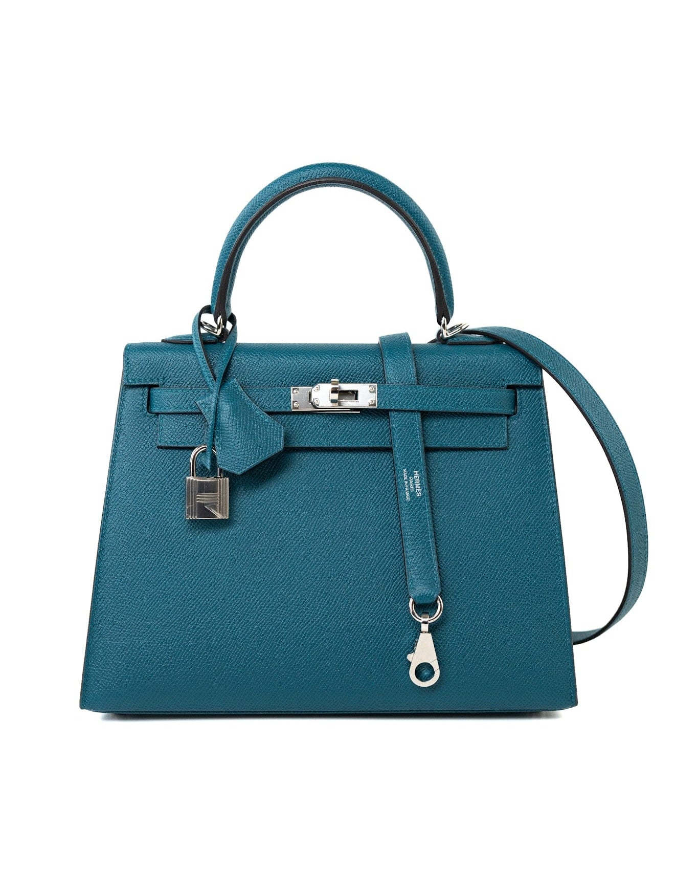 Hermes Handbag Blue Kelly Sellier 25 Vert Bosphore Veau Epsom Palladium Plated Hardware D Stamp -Knockoff
