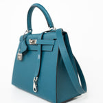 Hermes Handbag Blue Kelly Sellier 25 Vert Bosphore Veau Epsom Palladium Plated Hardware D Stamp -Knockoff
