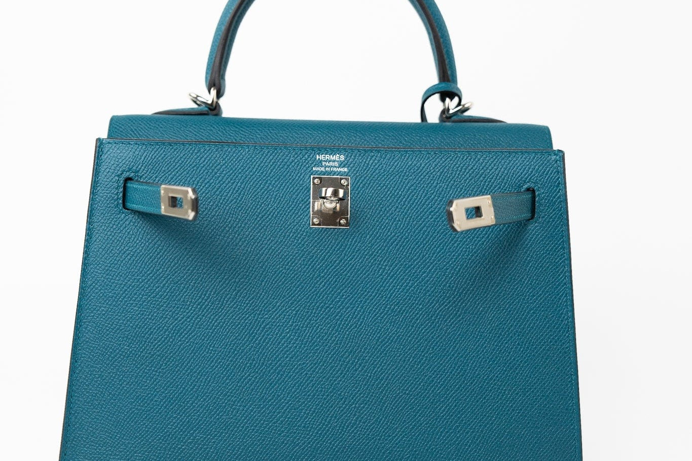 Hermes Handbag Blue Kelly Sellier 25 Vert Bosphore Veau Epsom Palladium Plated Hardware D Stamp -Knockoff
