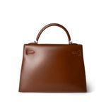 Hermes Handbag Brown Kelly Sellier 32 Noisette Box Calfskin Palladium Plated ￼[E] Stamp -Knockoff
