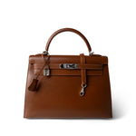 Hermes Handbag Brown Kelly Sellier 32 Noisette Box Calfskin Palladium Plated ￼[E] Stamp -Knockoff
