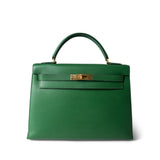 Hermes Handbag Green Kelly Sellier 32 Green Courchevel Gold Plated (U) Stamp -Knockoff
