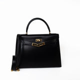 Hermes Handbag Kelly 28 Black Box Calfskin Leather Gold Hardware -Knockoff
