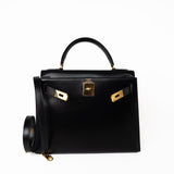 Hermes Handbag Kelly 28 Black Box Calfskin Leather Gold Hardware -Knockoff
