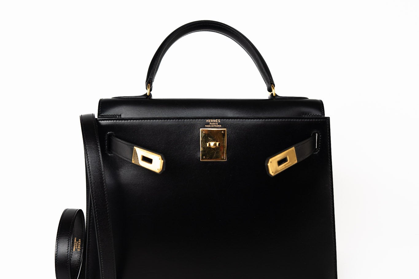 Hermes Handbag Kelly 28 Black Box Calfskin Leather Gold Hardware -Knockoff
