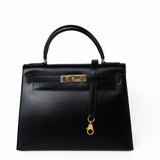 Hermes Handbag Kelly 28 Black Box Calfskin Leather Gold Hardware -Knockoff
