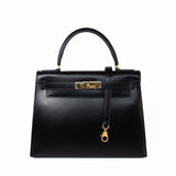 Hermes Handbag Kelly 28 Black Box Calfskin Leather Gold Hardware -Knockoff
