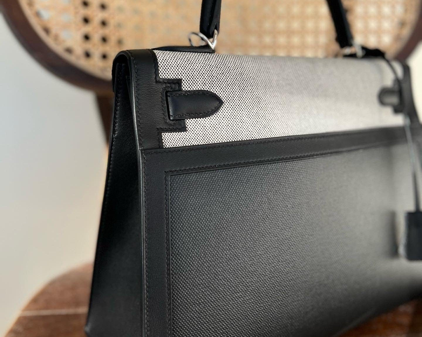 Hermes Handbag Kelly 32 Veau Swift Leather Toile Berline Palladium Plated Hardware 2019 D -Knockoff
