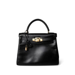 Hermes Handbag Kelly / Black Kelly 28 Black Box Calfskin Gold Plated V Stamp -Knockoff
