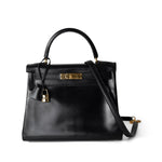 Hermes Handbag Kelly / Black Kelly 28 Retourne Black Box Calfskin Leather Gold Plated Hardware A Square Stamp -Knockoff
