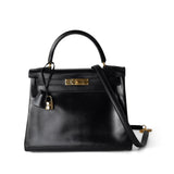 Hermes Handbag Kelly / Black Kelly 28 Retourne Black Box Calfskin Leather Gold Plated Hardware A Square Stamp -Knockoff
