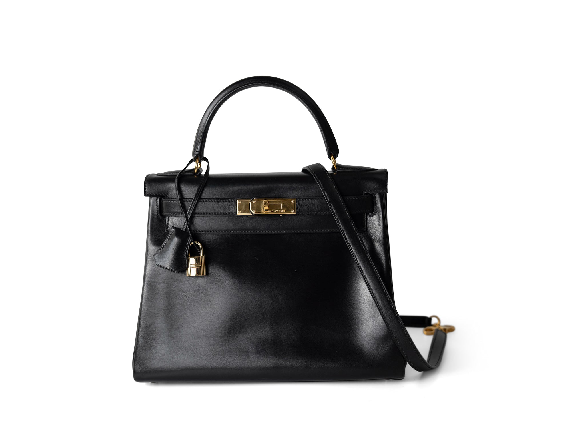 Hermes Handbag Kelly / Black Kelly 28 Retourne Black Box Calfskin Leather Gold Plated Hardware A Square Stamp -Knockoff
