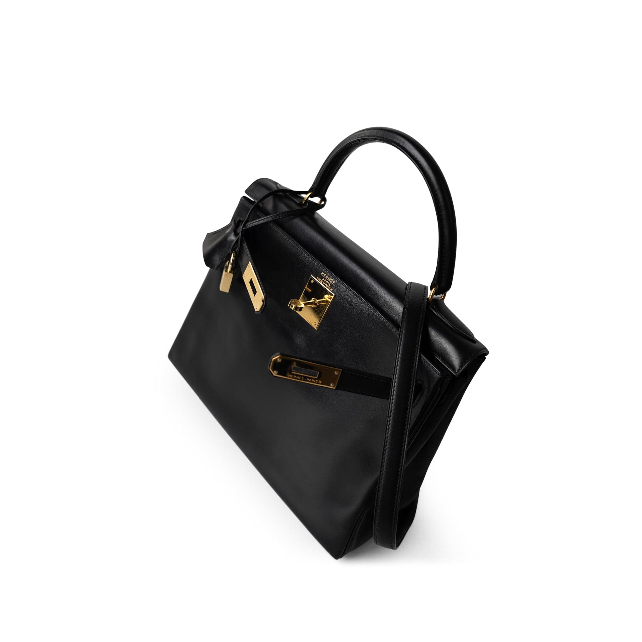 Hermes Handbag Kelly / Black Kelly 28 Retourne Black Box Calfskin Leather Gold Plated Hardware A Square Stamp -Knockoff
