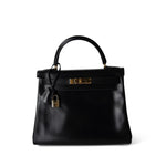 Hermes Handbag Kelly / Black Kelly 28 Retourne Black Box Calfskin Leather Gold Plated Hardware A Square Stamp -Knockoff
