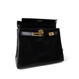 Hermes Handbag Kelly / Black Kelly 28 Retourne Black Box Calfskin Leather Gold Plated Hardware A Square Stamp -Knockoff
