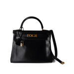 Hermes Handbag Kelly / Black Kelly 28 Retourne Black Box Calfskin Leather Gold Plated Hardware A Square Stamp -Knockoff
