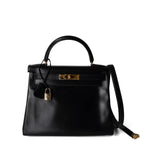 Hermes Handbag Kelly / Black Kelly 28 Retourne Black Box Calfskin Leather Gold Plated Hardware A Square Stamp -Knockoff
