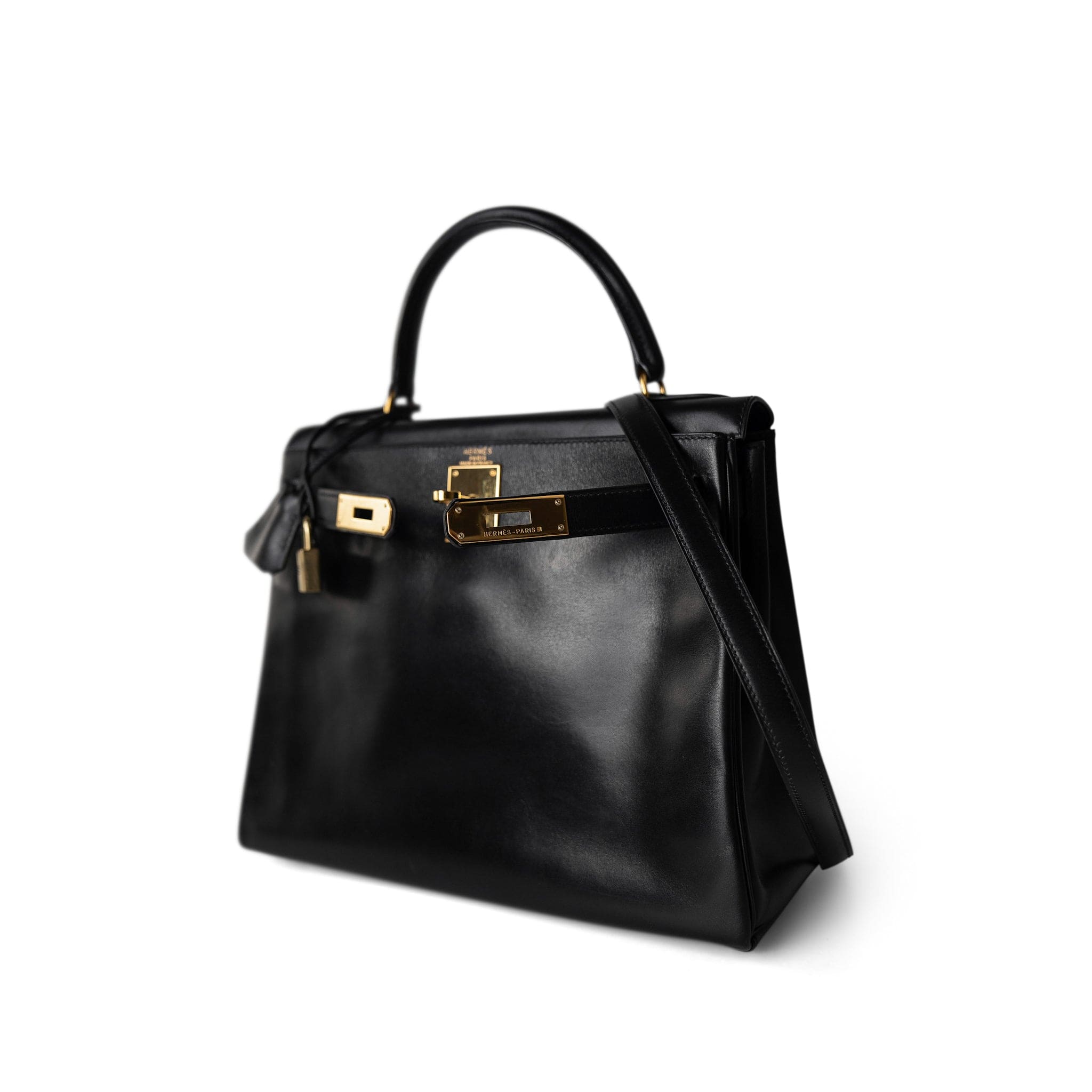 Hermes Handbag Kelly / Black Kelly 28 Retourne Black Box Calfskin Leather Gold Plated Hardware A Square Stamp -Knockoff
