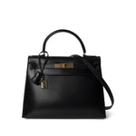 Hermes Handbag Kelly / Black Kelly 28 Sellier Black Box Calfskin Gold Plated P Circle Stamp -Knockoff
