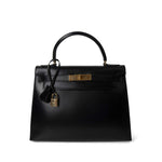 Hermes Handbag Kelly / Black Kelly 28 Sellier Black Box Calfskin Gold Plated P Circle Stamp -Knockoff
