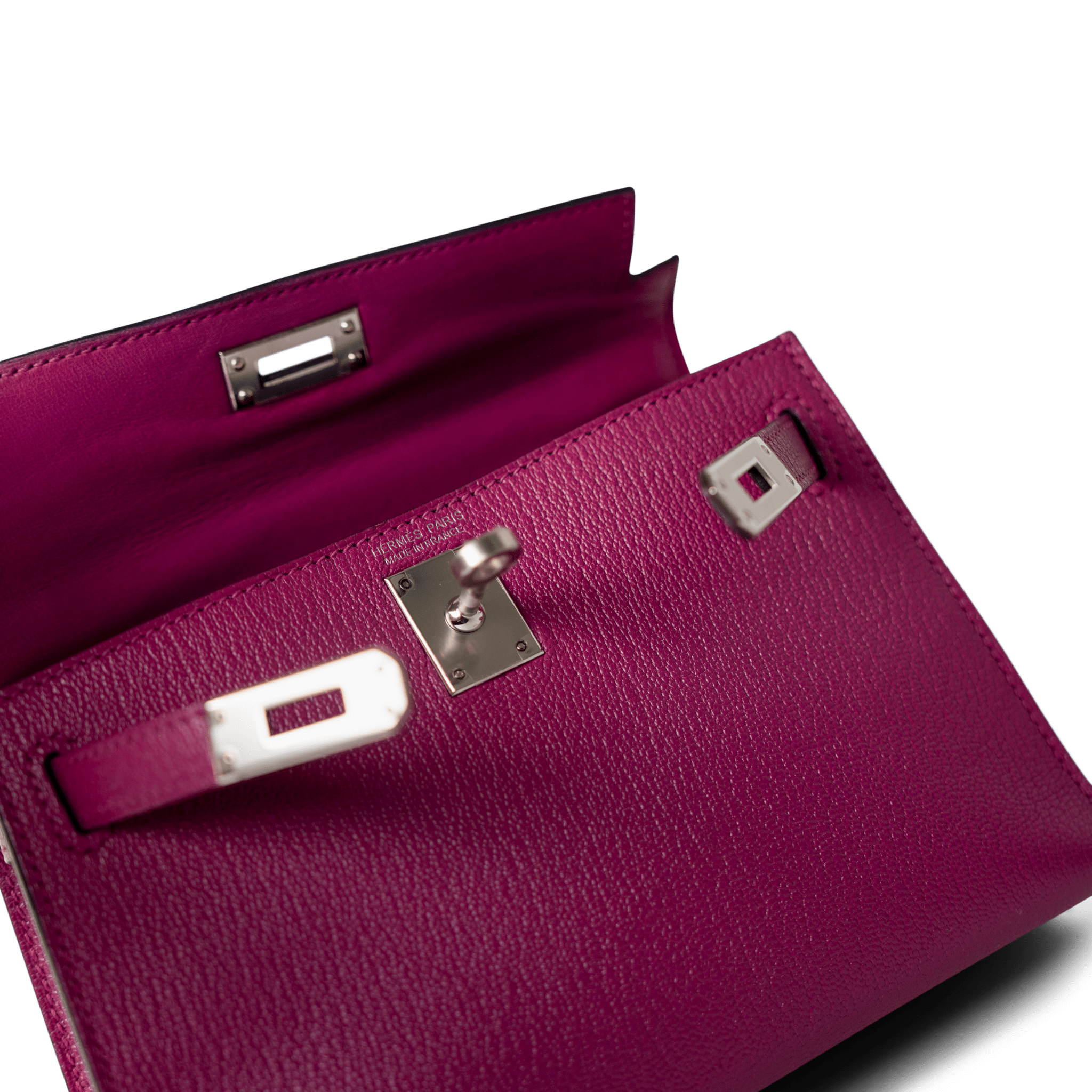 Hermes Handbag Kelly / Purple Mini Kelly Rose Pourpre Chèvre Mysore Palladium Plated Hardware C Stamp -Knockoff
