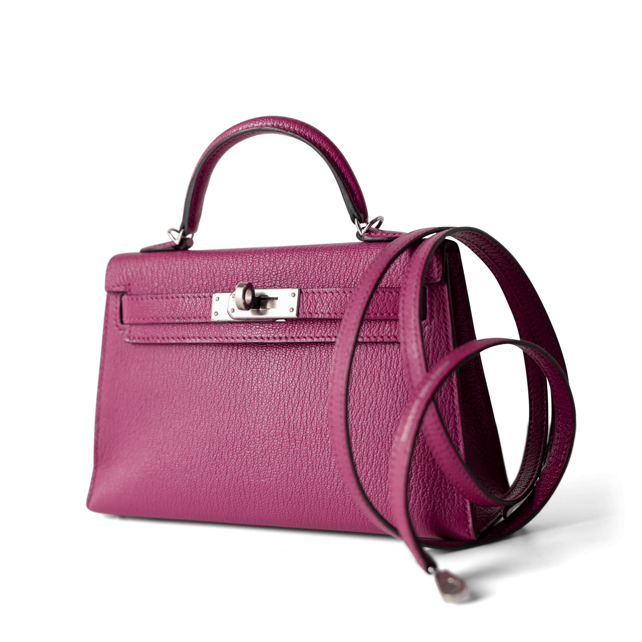 Hermes Handbag Kelly / Purple Mini Kelly Rose Pourpre Chèvre Mysore Palladium Plated Hardware C Stamp -Knockoff
