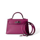 Hermes Handbag Kelly / Purple Mini Kelly Rose Pourpre Chèvre Mysore Palladium Plated Hardware C Stamp -Knockoff
