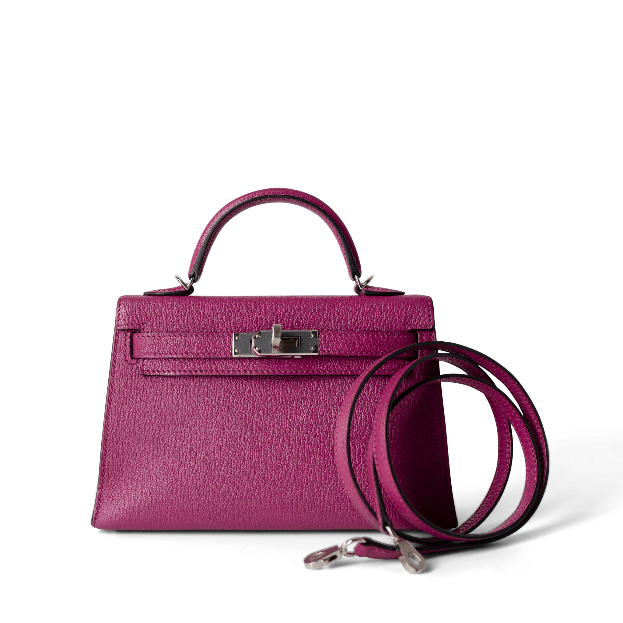 Hermes Handbag Kelly / Purple Mini Kelly Rose Pourpre Chèvre Mysore Palladium Plated Hardware C Stamp -Knockoff
