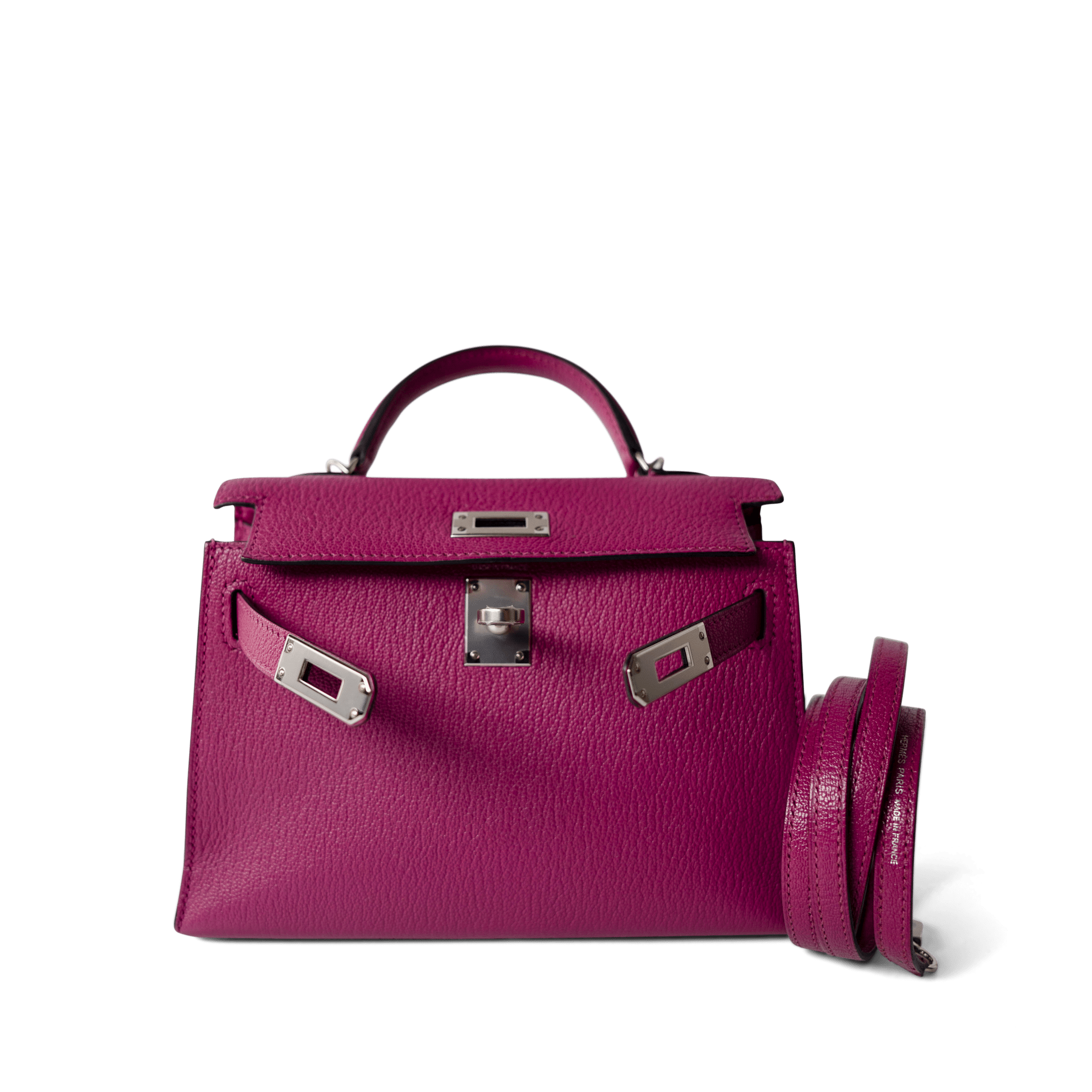 Hermes Handbag Kelly / Purple Mini Kelly Rose Pourpre Chèvre Mysore Palladium Plated Hardware C Stamp -Knockoff
