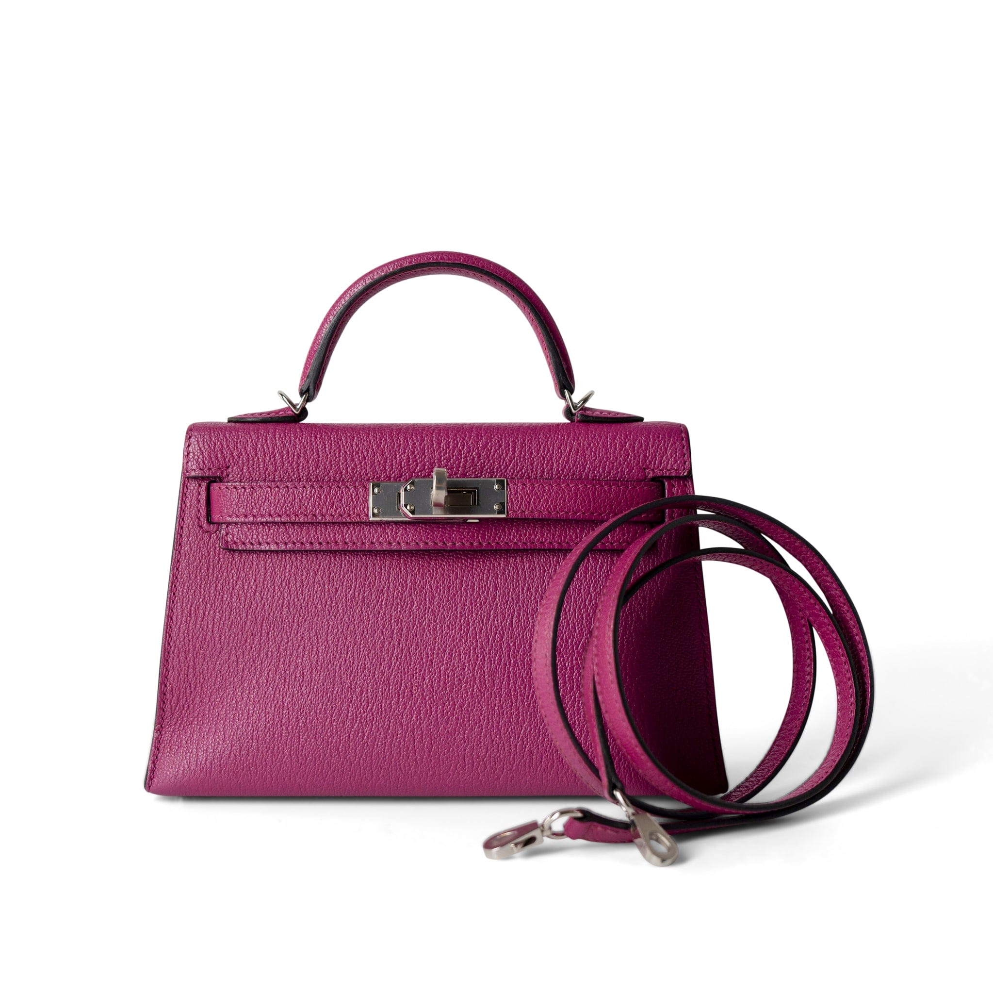 Hermes Handbag Kelly / Purple Mini Kelly Rose Pourpre Chèvre Mysore Palladium Plated Hardware C Stamp -Knockoff
