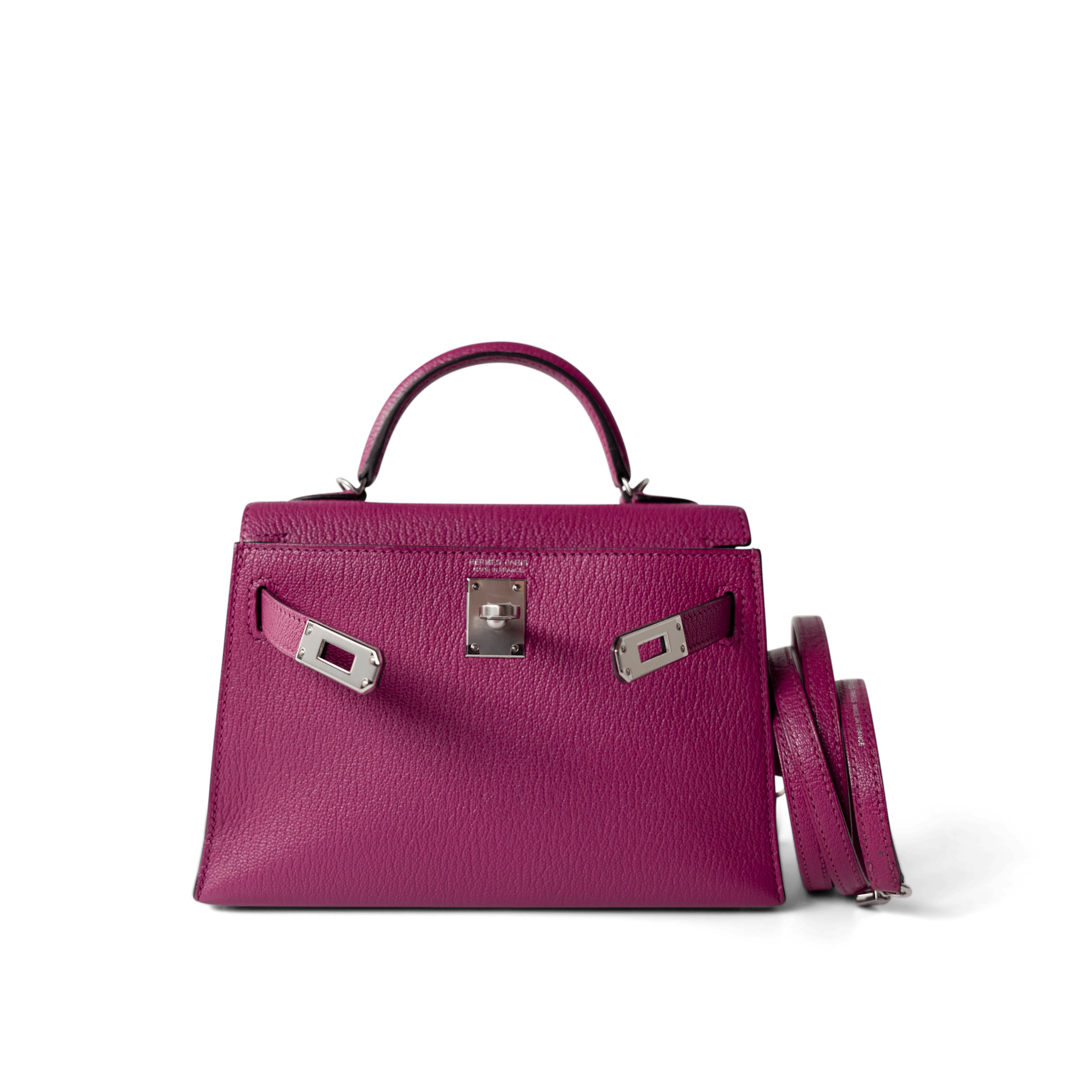 Hermes Handbag Kelly / Purple Mini Kelly Rose Pourpre Chèvre Mysore Palladium Plated Hardware C Stamp -Knockoff
