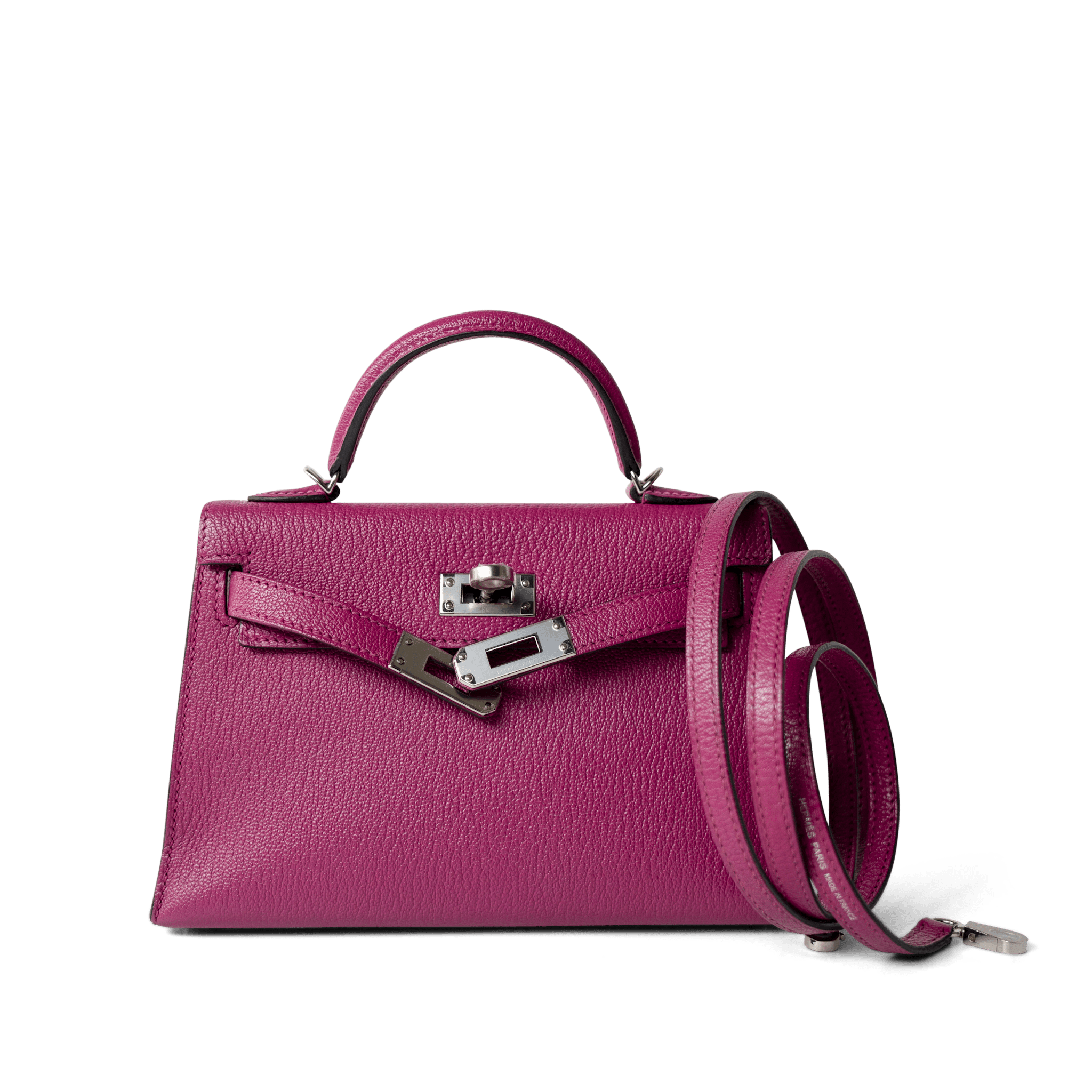 Hermes Handbag Kelly / Purple Mini Kelly Rose Pourpre Chèvre Mysore Palladium Plated Hardware C Stamp -Knockoff
