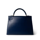 Hermes Handbag Navy Kelly Sellier 32 Blue Box Calfskin Gold Plated (U) Stamp -Knockoff
