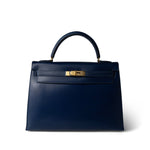 Hermes Handbag Navy Kelly Sellier 32 Blue Box Calfskin Gold Plated (U) Stamp -Knockoff
