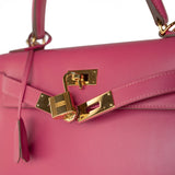 Hermes Handbag Pink Kelly 28 Rose Lipstick Veau Tadelakt Gold Plated Hardware C Stamp -Knockoff
