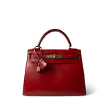 Hermes Handbag Red Kelly 28 Sellier Red (Rouge) Box Calfskin Gold Plated T Circle Stamp -Knockoff
