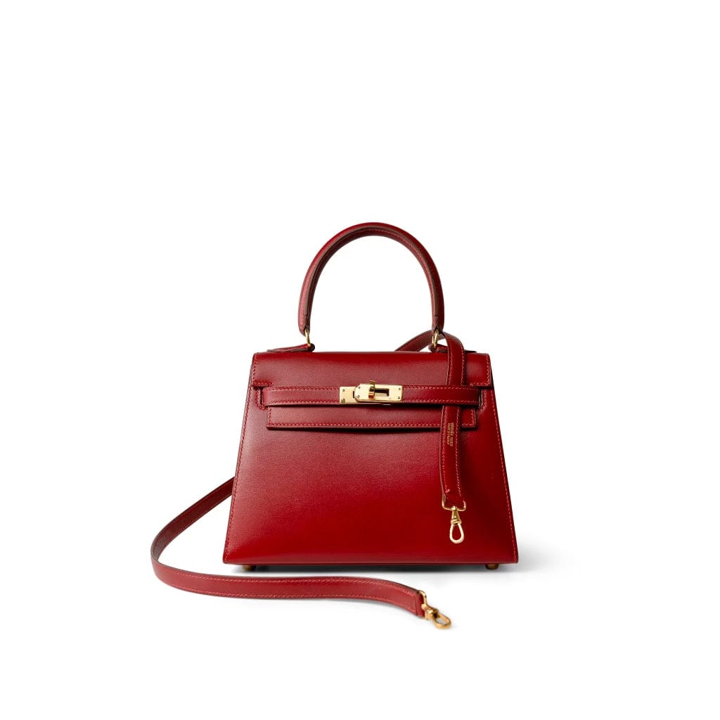 Hermes Handbag Red Mini Kelly Sellier 20 Rouge Box Calfskin Gold Plated U Circle Stamp -Knockoff
