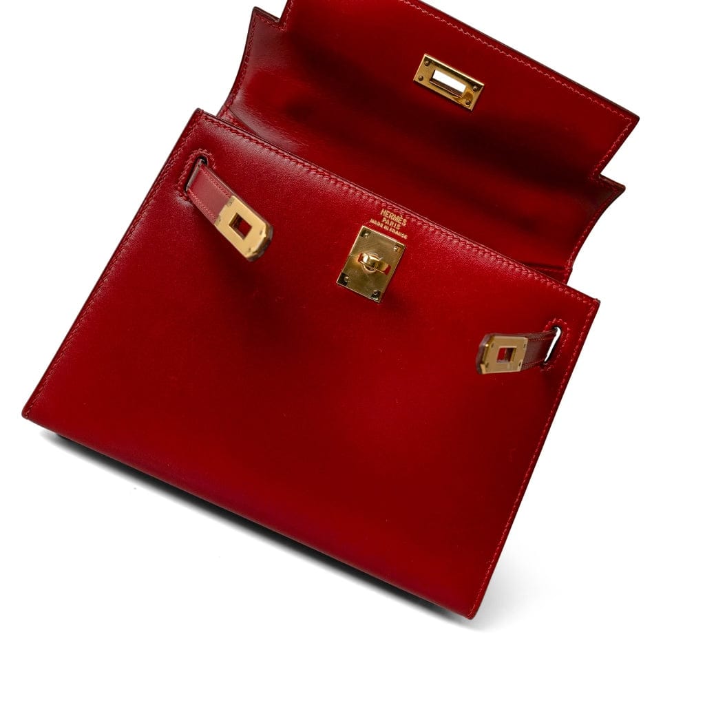 Hermes Handbag Red Mini Kelly Sellier 20 Rouge Box Calfskin Gold Plated U Circle Stamp -Knockoff
