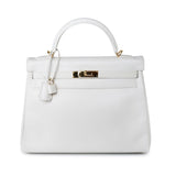 Hermes Handbag White Hermes Kelly 32 Swift White Gold Hardware F Stamp -Knockoff
