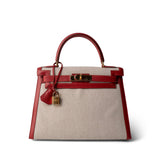 Hermes Kelly Sellier 28 Rouge H Courchevel Toile Gold Plated Y Circle Stamp -Knockoff
