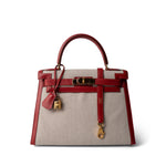 Hermes Kelly Sellier 28 Rouge H Courchevel Toile Gold Plated Y Circle Stamp -Knockoff
