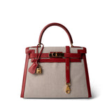 Hermes Kelly Sellier 28 Rouge H Courchevel Toile Gold Plated Y Circle Stamp -Knockoff
