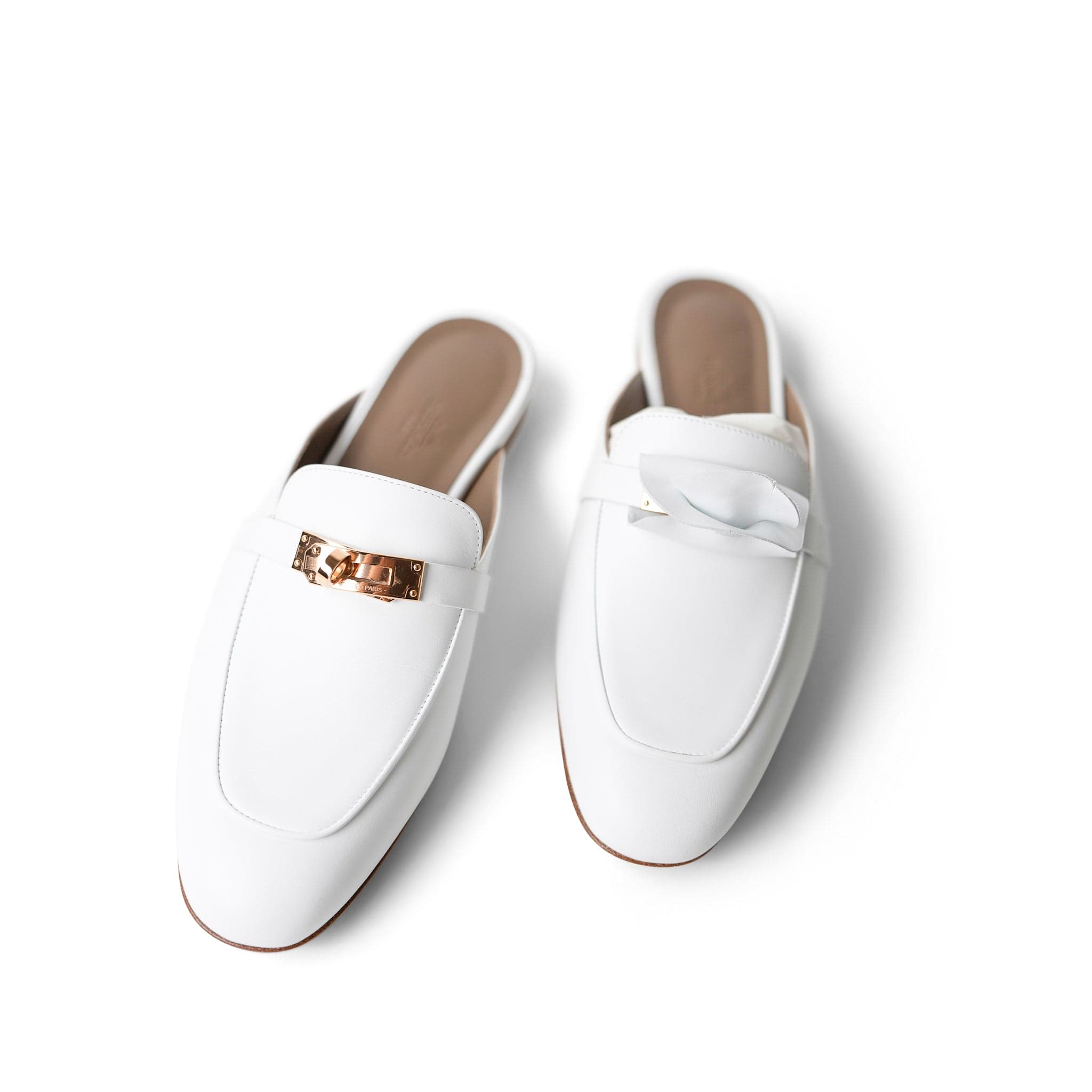 Hermes Sandals Shoes / White White Oz Mule Sandals w/ Rose Gold Kelly Buckle (38 EU / 7.5 US) -Knockoff
