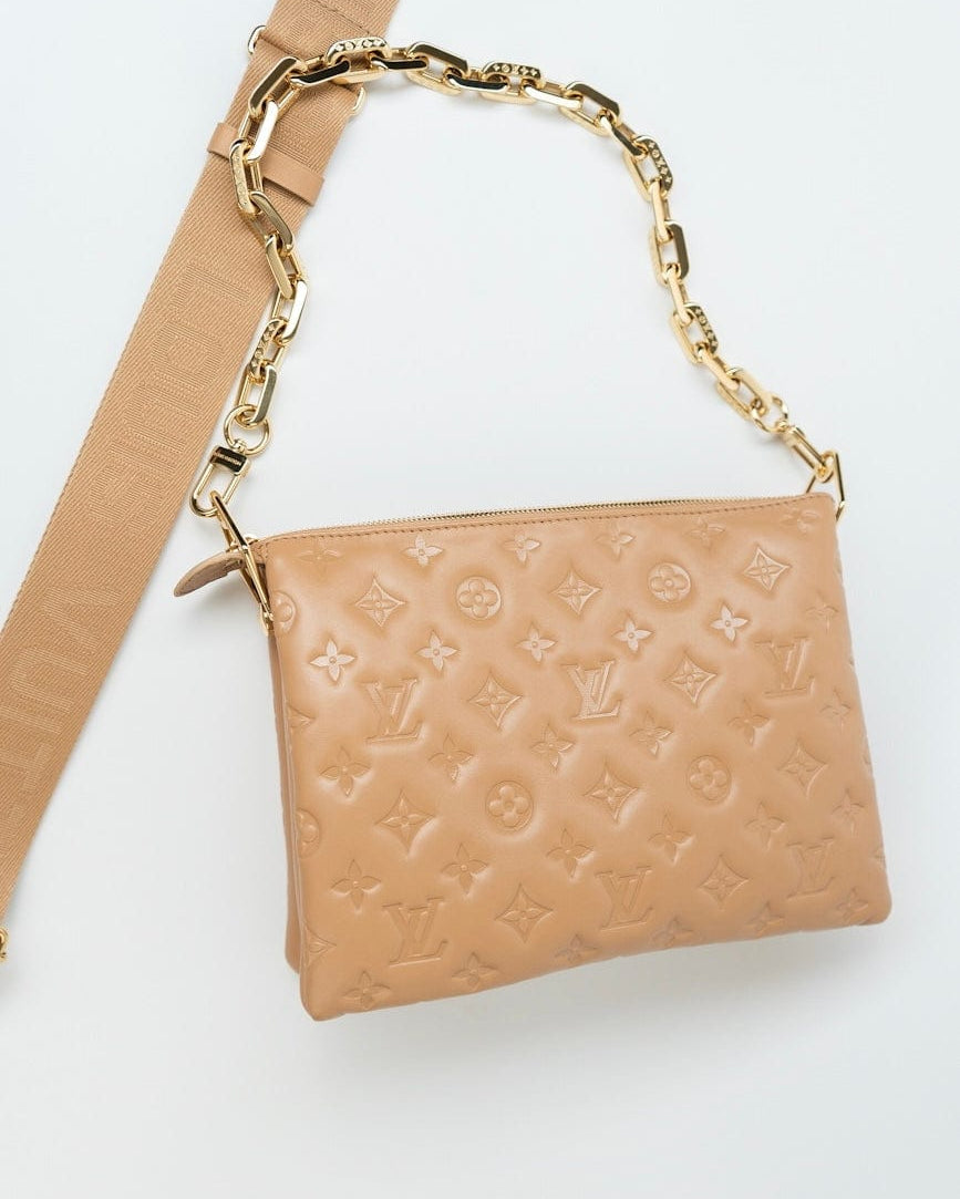 Louis Vuitton Handbag Brown Louis Vuitton Monogram Coussin PM Camel Lambskin Embossed -Knockoff
